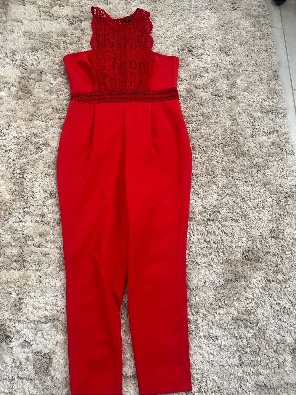 Topshop Red Lace Halter Jumpsuit with Cropped Legs